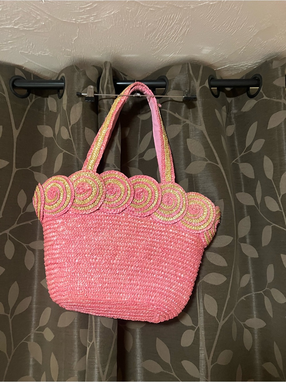 Pink Woven Straw Tote Bag with Spiral Trim